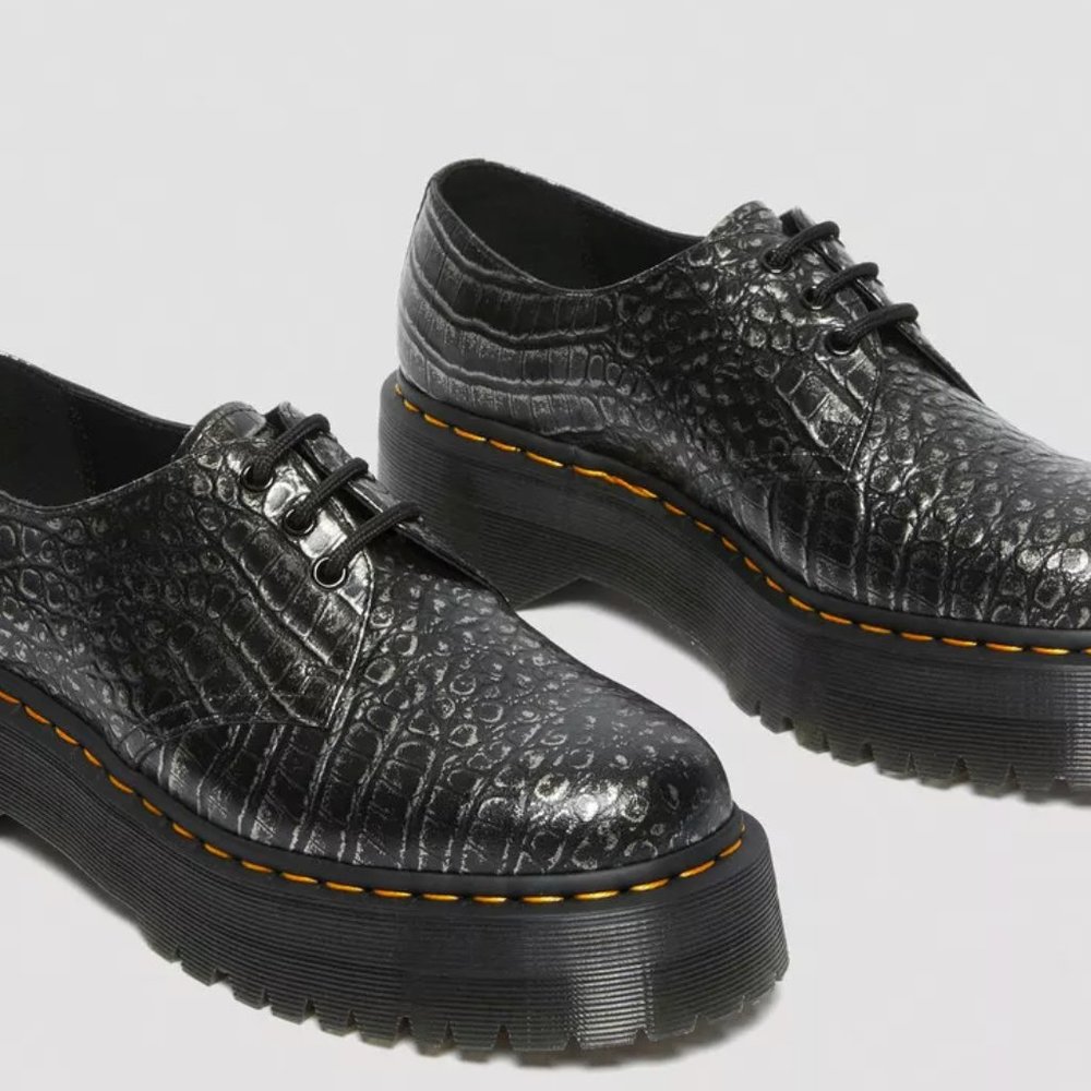 Dr. Martens Black Embossed Platform Shoes - Picture 2 of 8